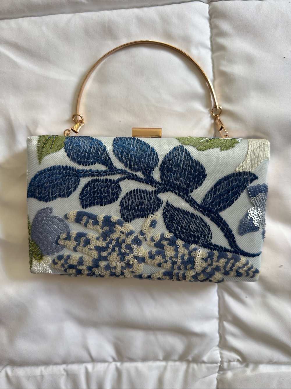 Embroidered Navy Floral Top-Handle Clutch